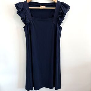 French Connection Denim Sz 8 Dress Navy Flutter Ruffle Girly Sleeve Classy Crest